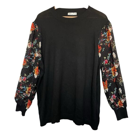 89th + Madison Floral Sheer Sleeve Top Size 2X Black Stretch Whimsical boho - Picture 1 of 5